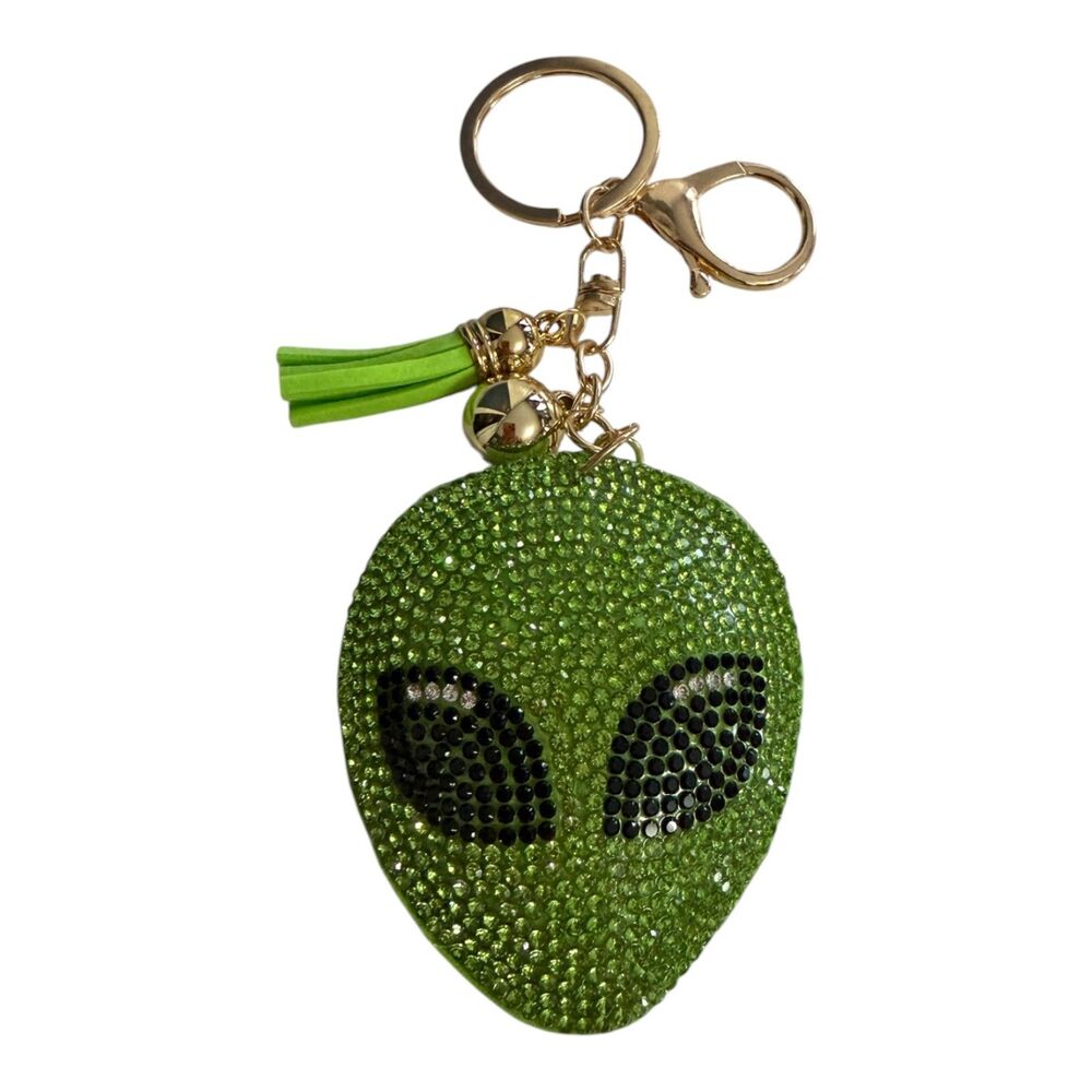 Green Rhinestone Alien Head Keychain Bag Charm UFO Extraterrestrial Bling